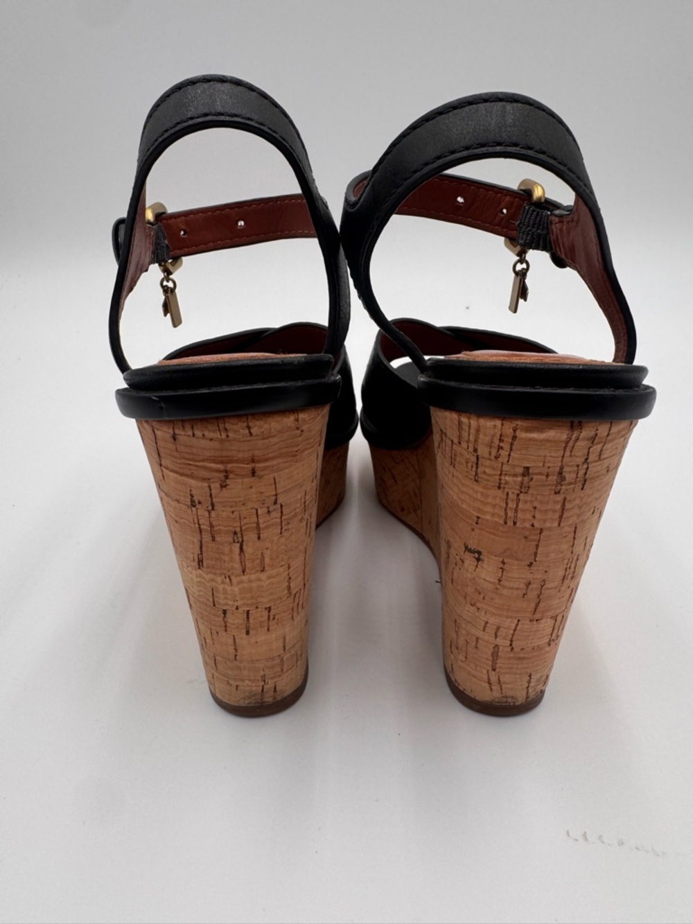 Coach Black Leather Cork Wedge Sandals with Gold Buckle - Picture 4 of 10